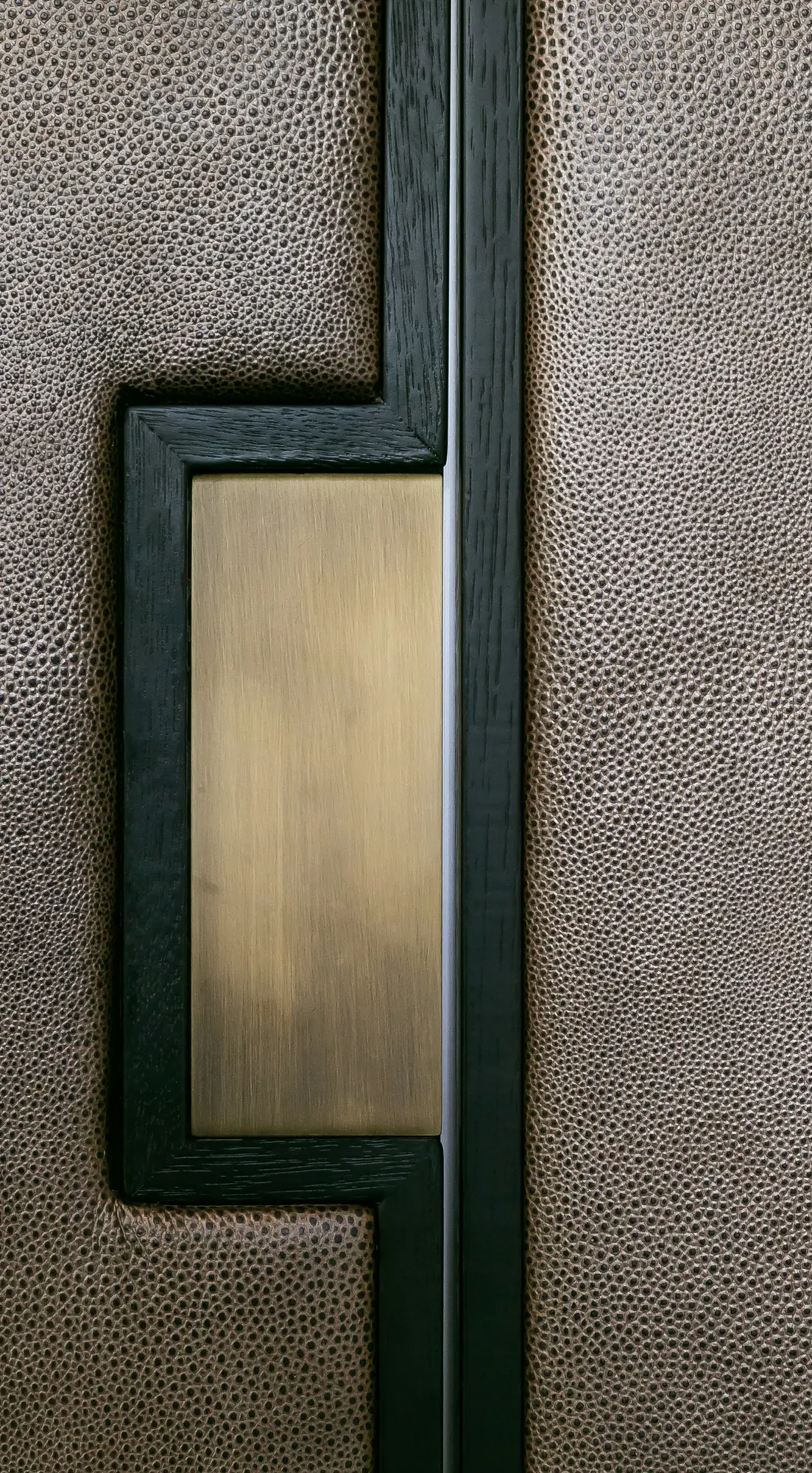 Dark cabinet frame and brass-toned detail
