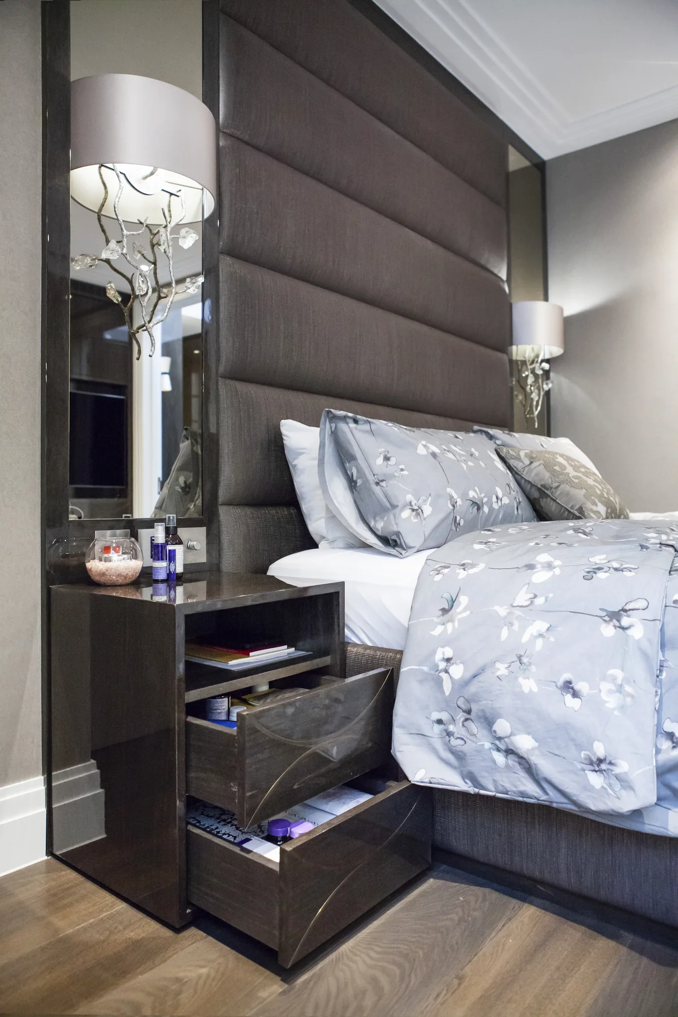 Dark bedside cabinet with both drawers open