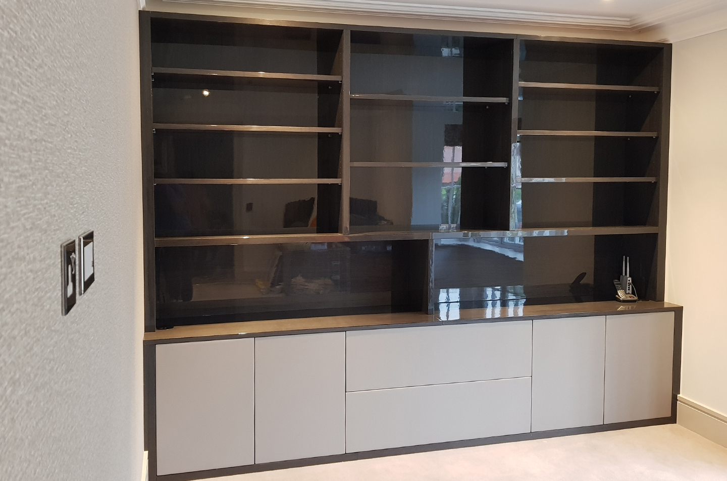 Full front view of the bookcase and lower cupboards