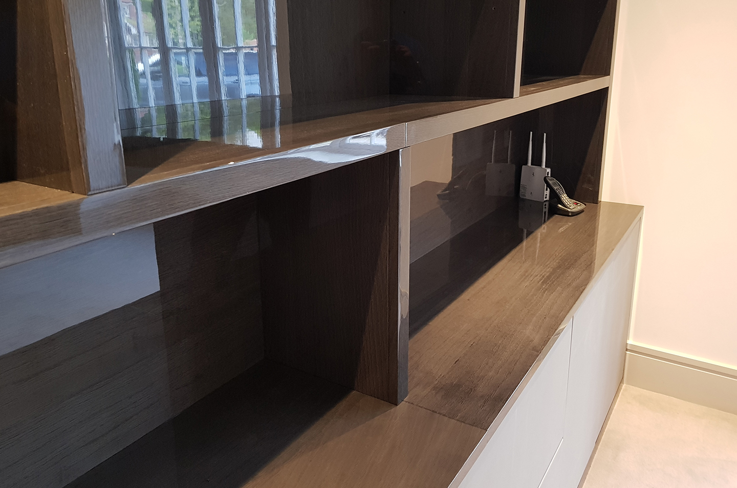 Shelves and countertop above the lower cabinetry