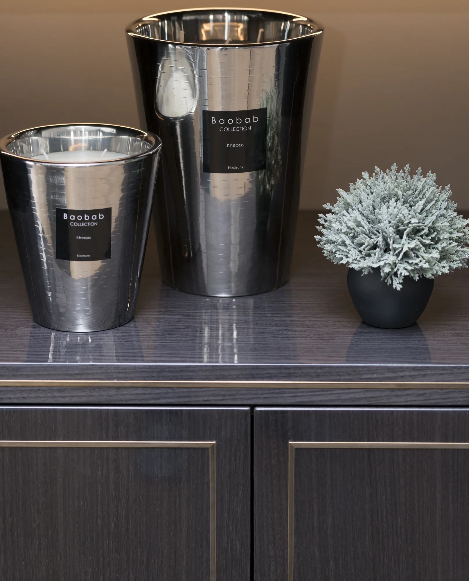 Lower bookcase cabinet with brass-trimmed fronts beneath the display shelf