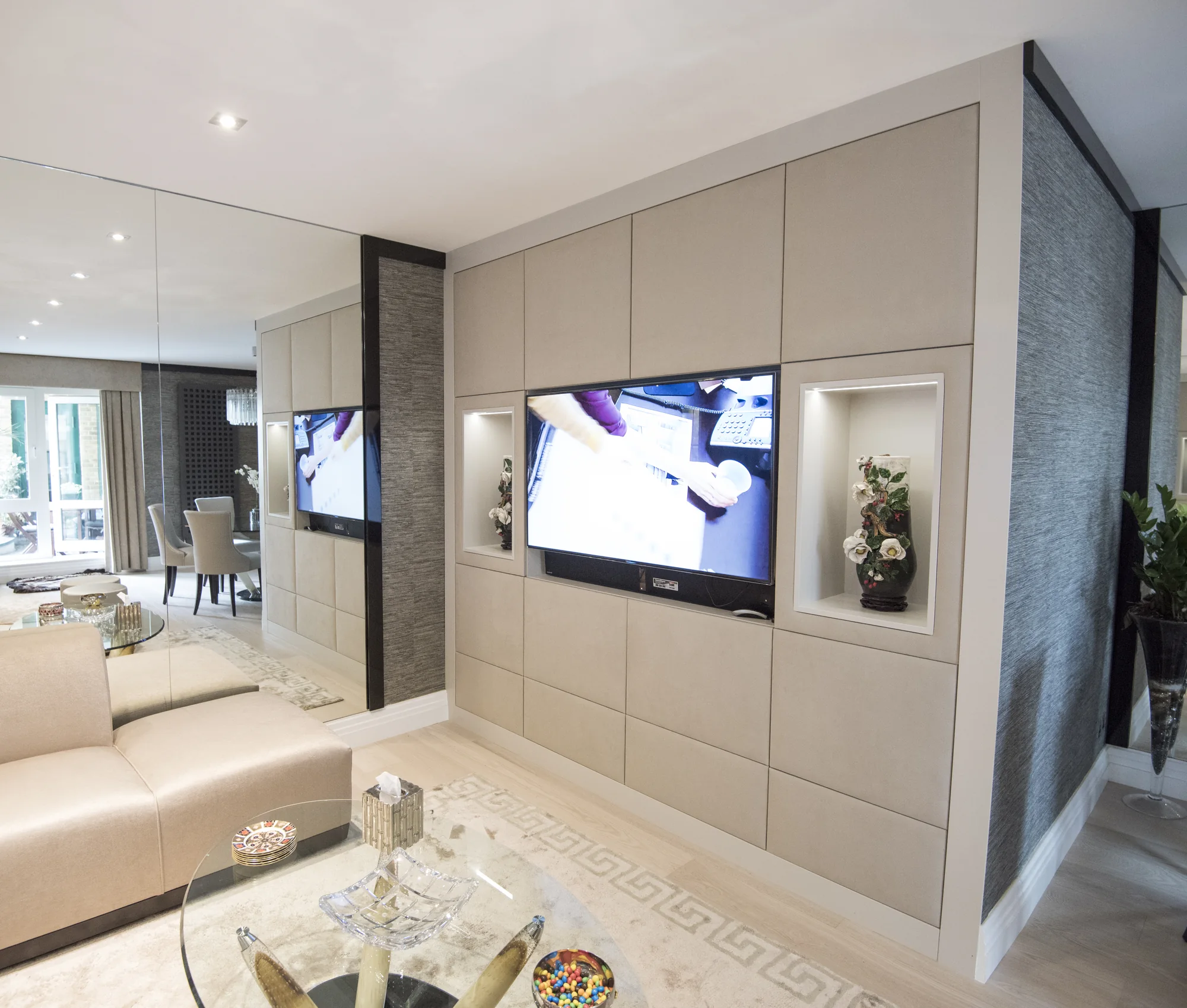 Room view of cream fitted TV unit