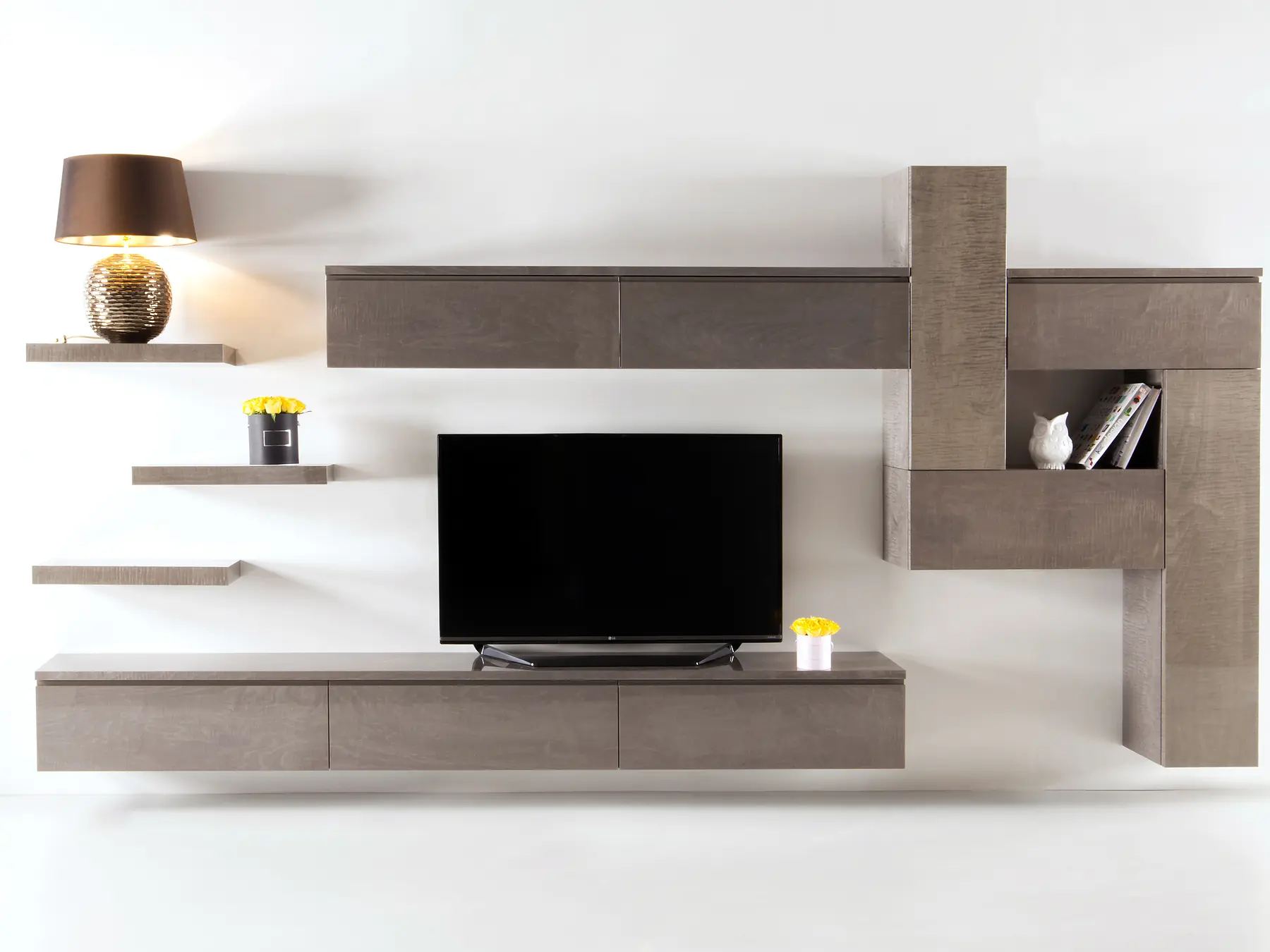 Grey media wall front view