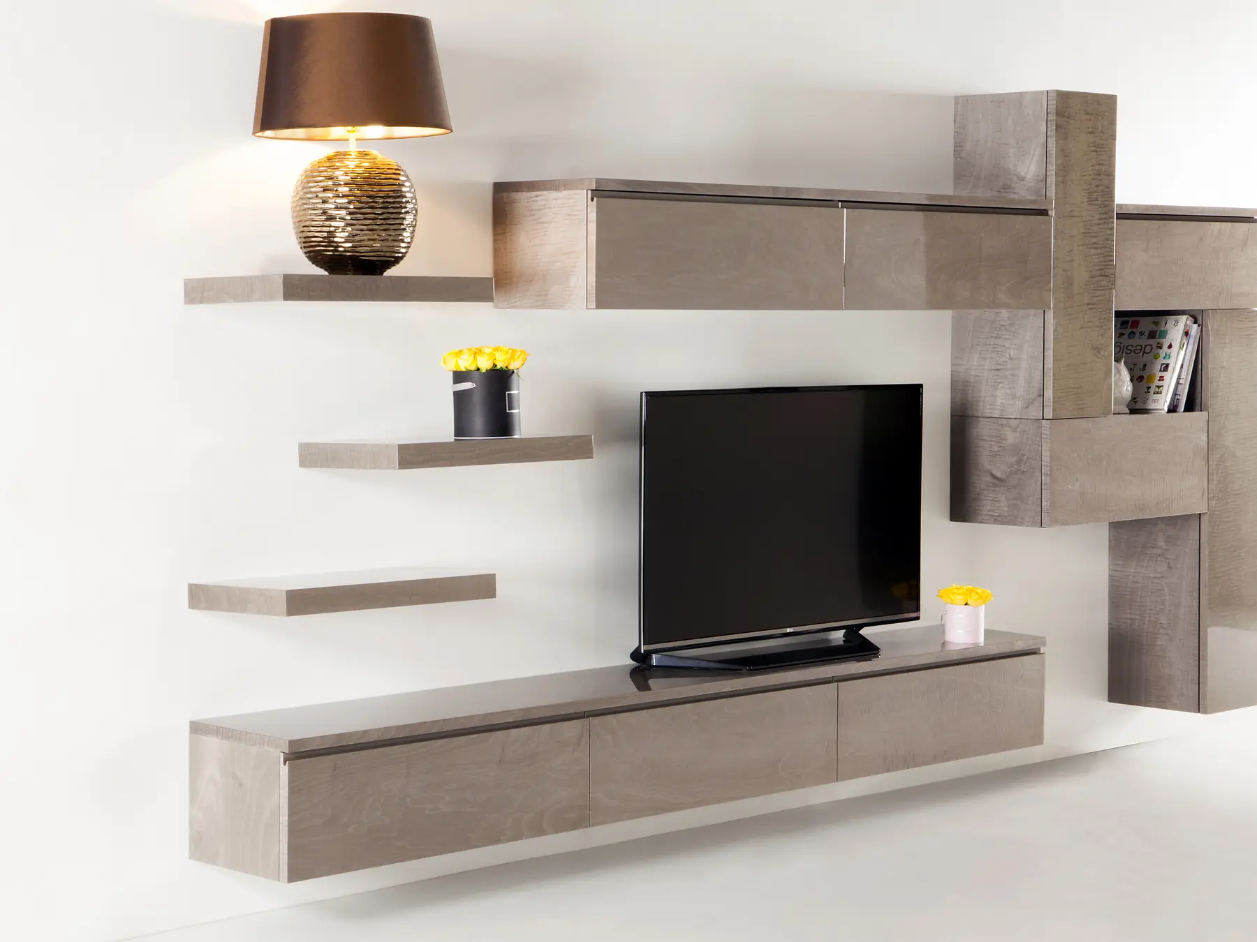 Grey media wall angled view