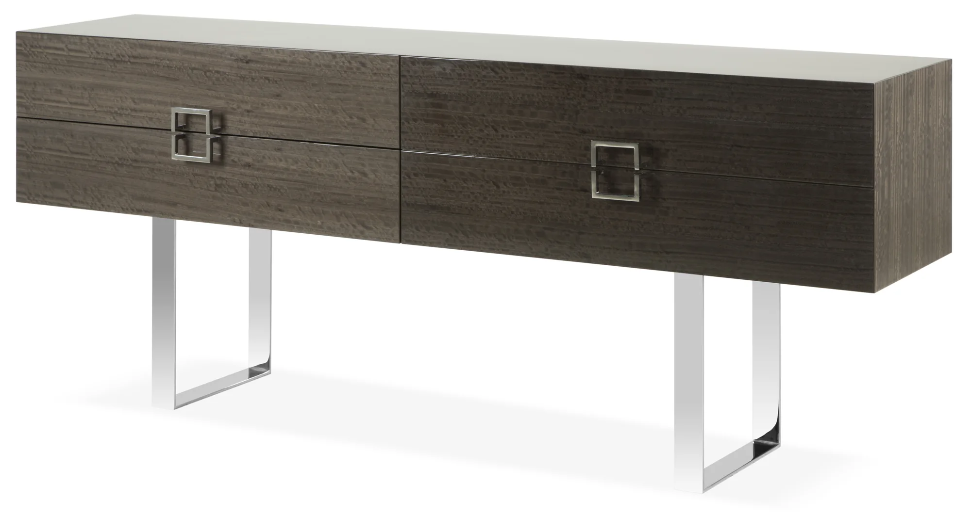 Angled view of grey sideboard and polished metal legs