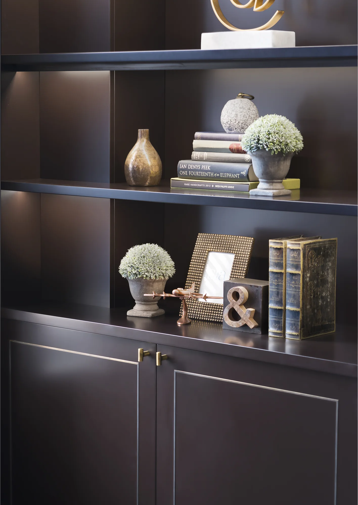 Illuminated display shelving and lower cupboard detail in the home office