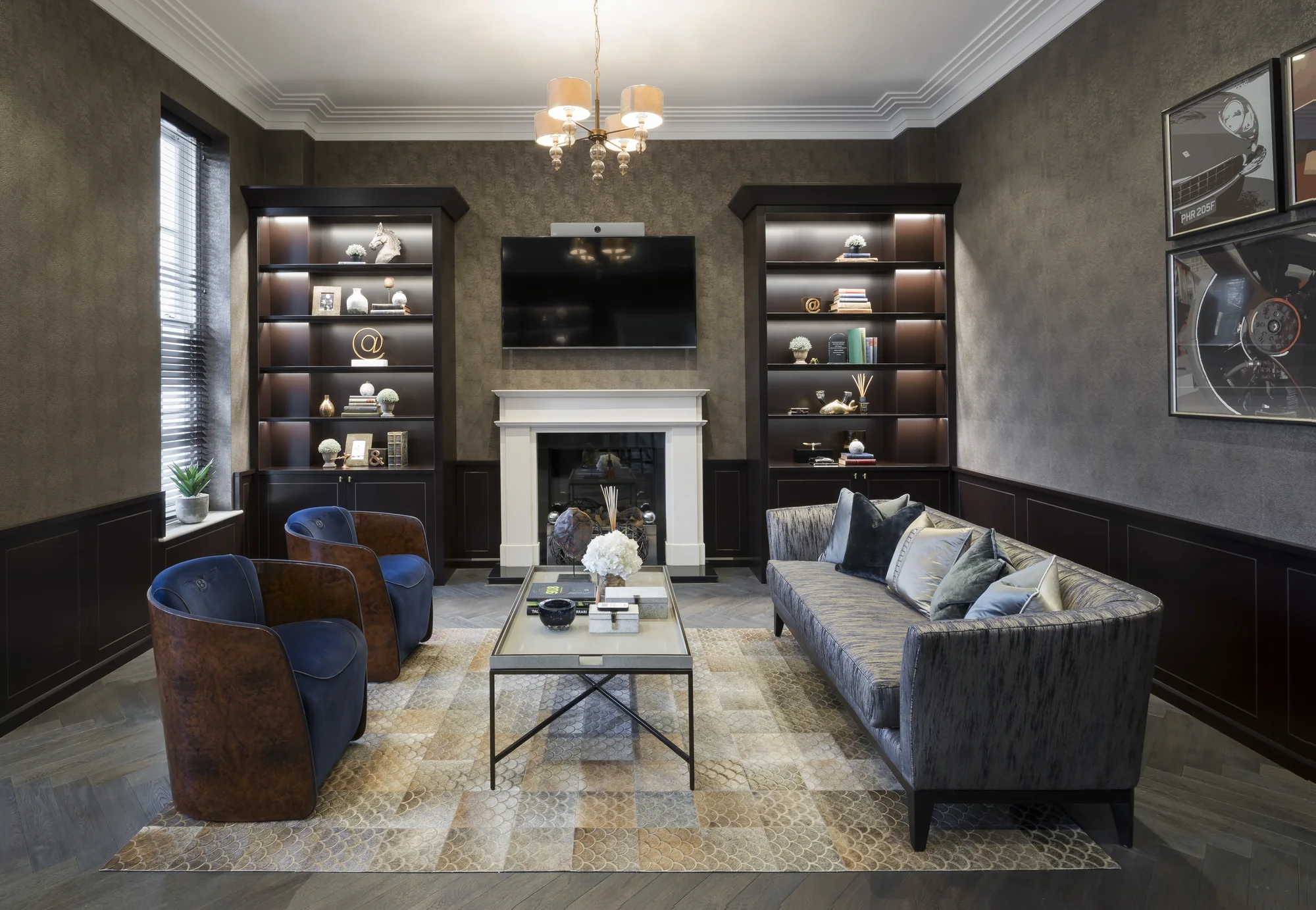 Full front view of the home-office alcoves, fireplace and surrounding wall panelling