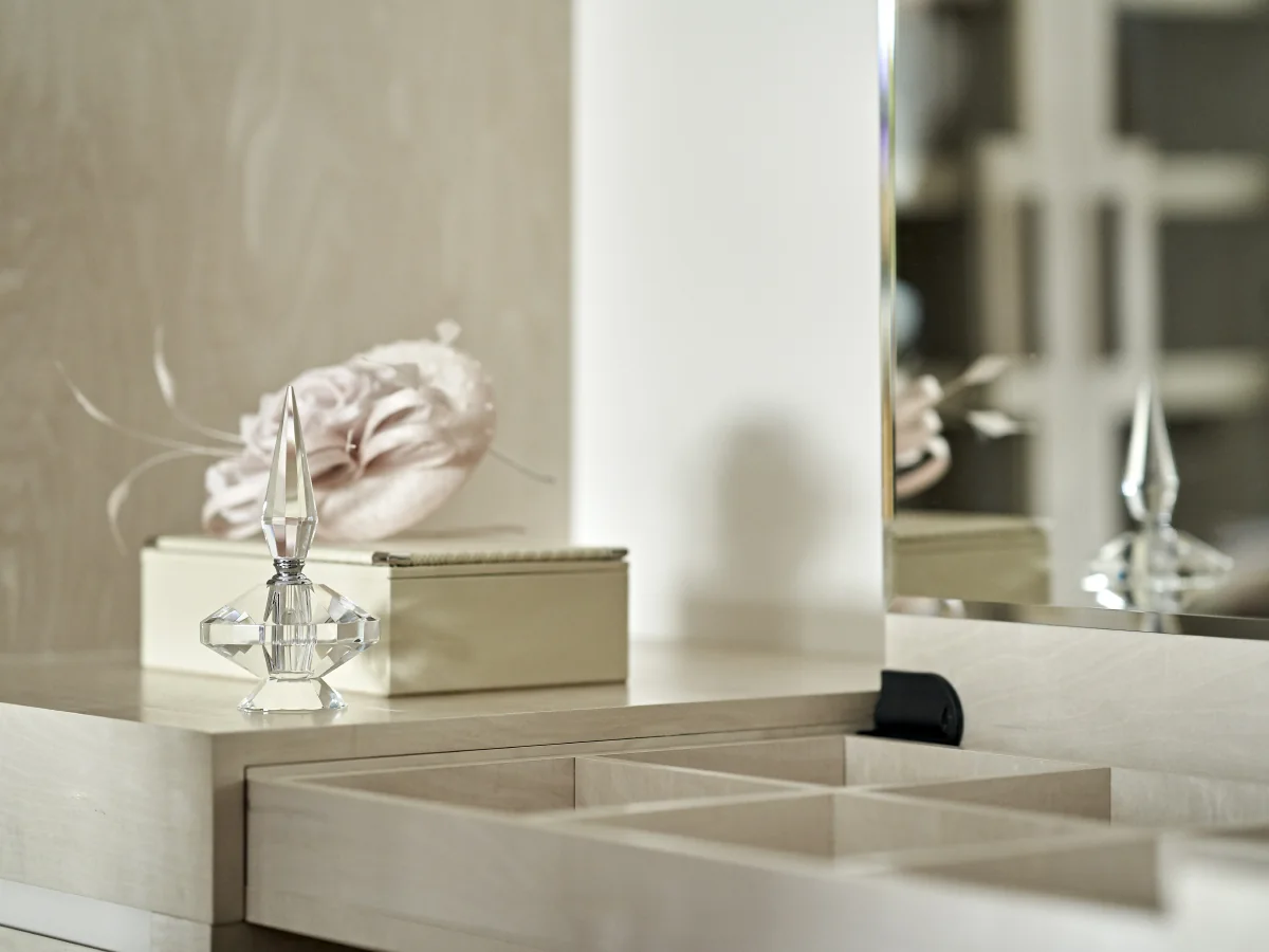 Divided storage and dressing accessories beside the mirror