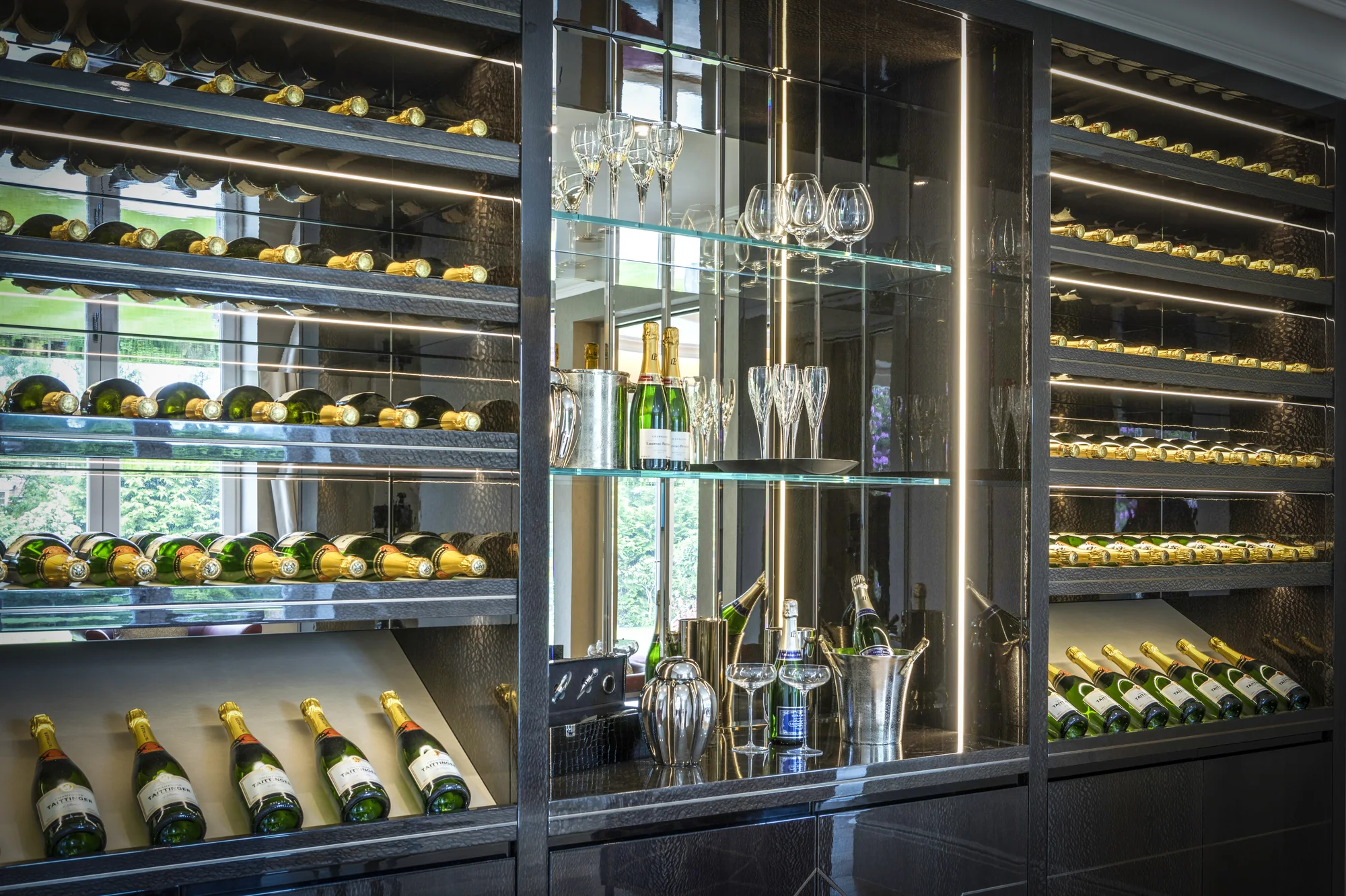Front detail of wine wall and mirrored display